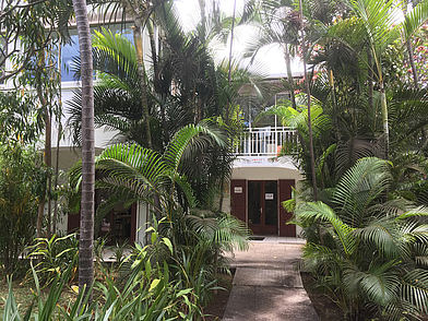 Eingang der Sprachschule DP Langues in Saint Paul auf La Réunion, umgeben von üppigen Palmen – ein tropisches Ambiente für eine Französisch Sprachreise.