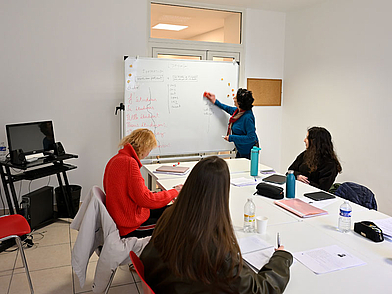 Französischunterricht mit Lehrerin am Whiteboard im Klassenzimmer der Sprachschule Les Ateliers FL in Nizza.