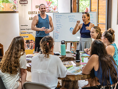 Lehrerin erklärt spanischen Wortschatz an einem Whiteboard vor einer motivierten Gruppe Erwachsener in Sámara.
